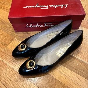 Ferragamo Vintage Patent Leather Shoes, Gold accent